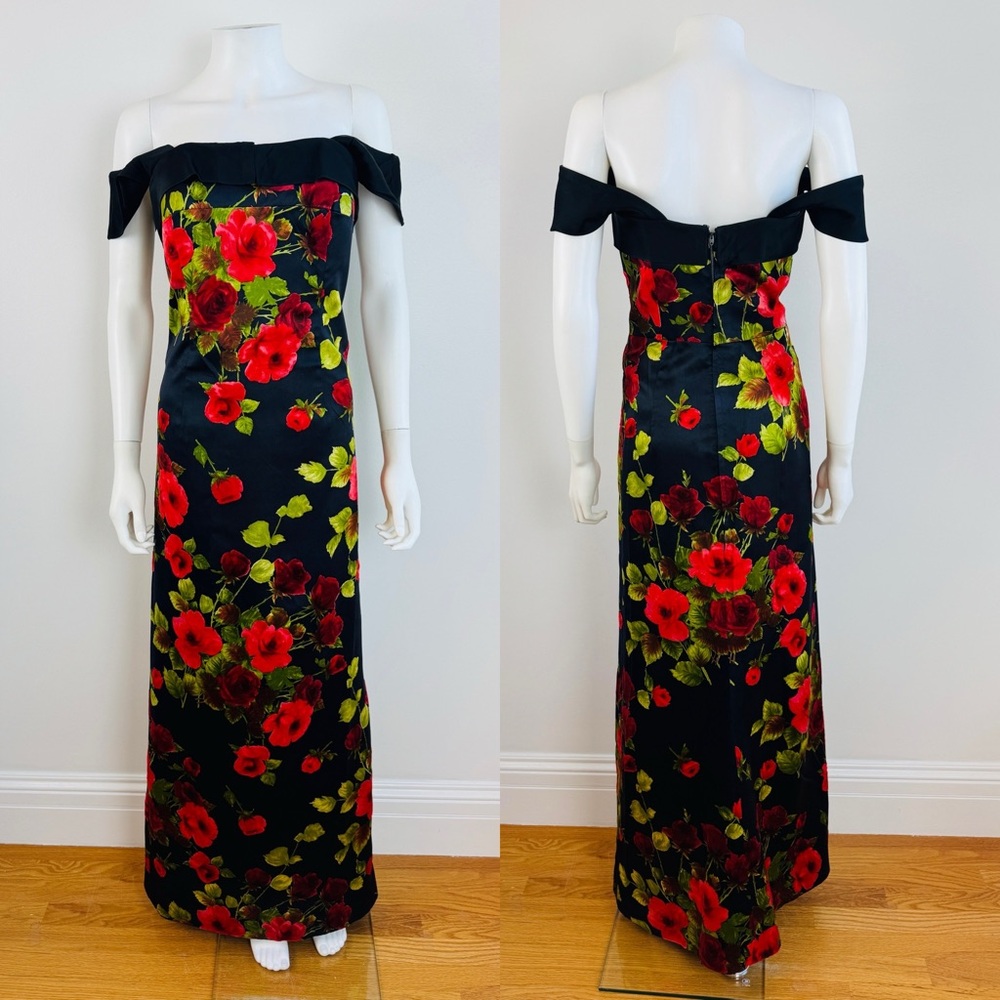 Vintage Black and Red Floral Maxi Dress 1950s 1960s Bombshell